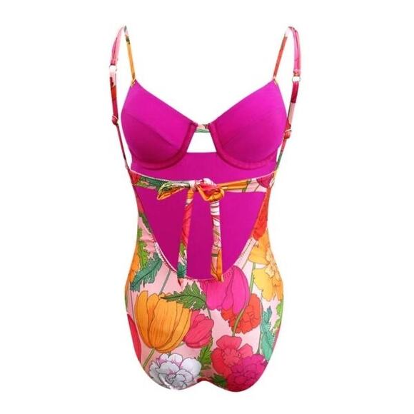 Trina Turk Sunny Bloom Floral Underwire One Piece Tie Back Swimsuit Size 14 - Picture 3 of 14